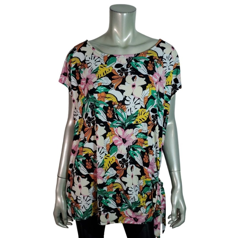 Lane Bryant Top Plus Size 18/20 Tie Side Stretch‎ Short Sleeve Floral Pink